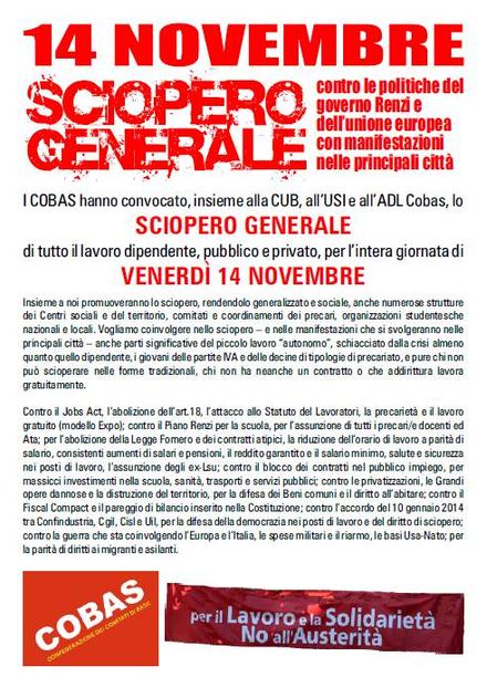 Locandina sciopero generale 14 novembre