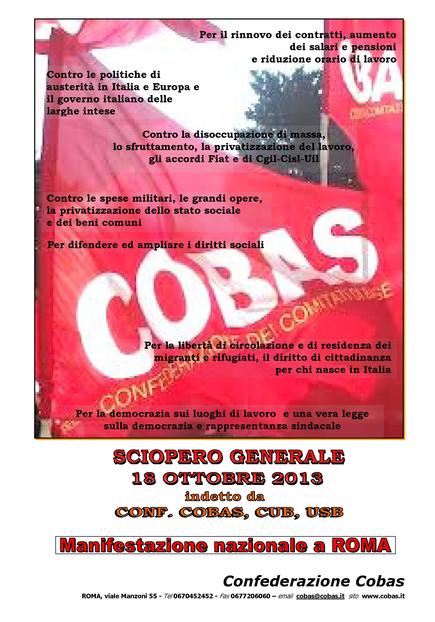 Locandina sciopero generale 18 ottobre 2013