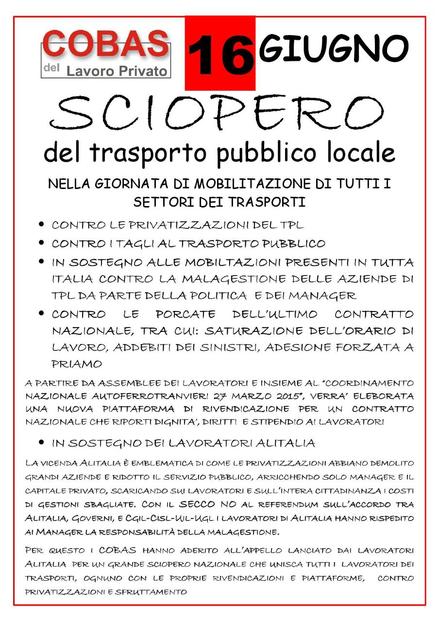 SCIOPERO 16 giugno 2017 del Trasporto Pubblico Locale